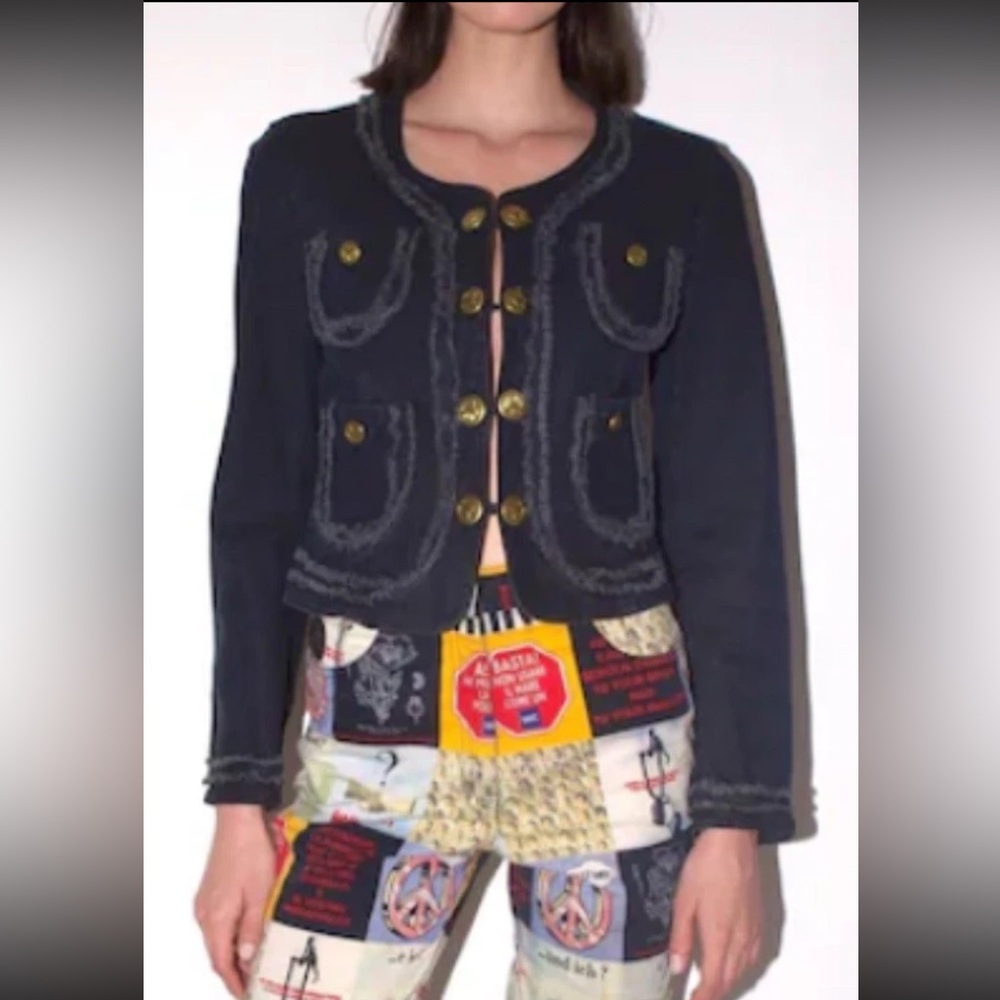 Vintage Moschino Jacket 90s Denim Peace Sign Button Military  Jacket Sz 14 Black